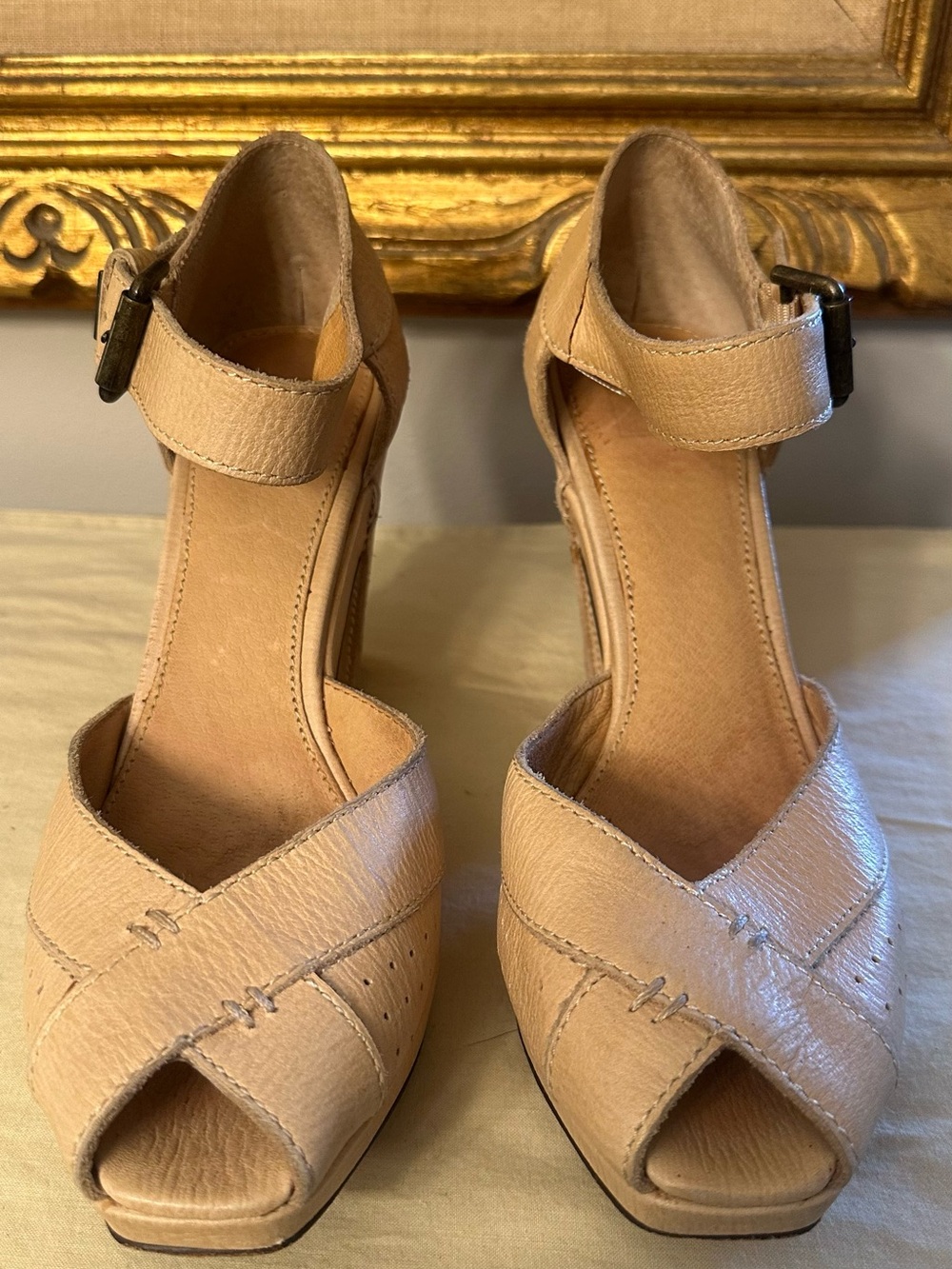 Frye Beige Peep-Toe Ankle Strap Heels - Women